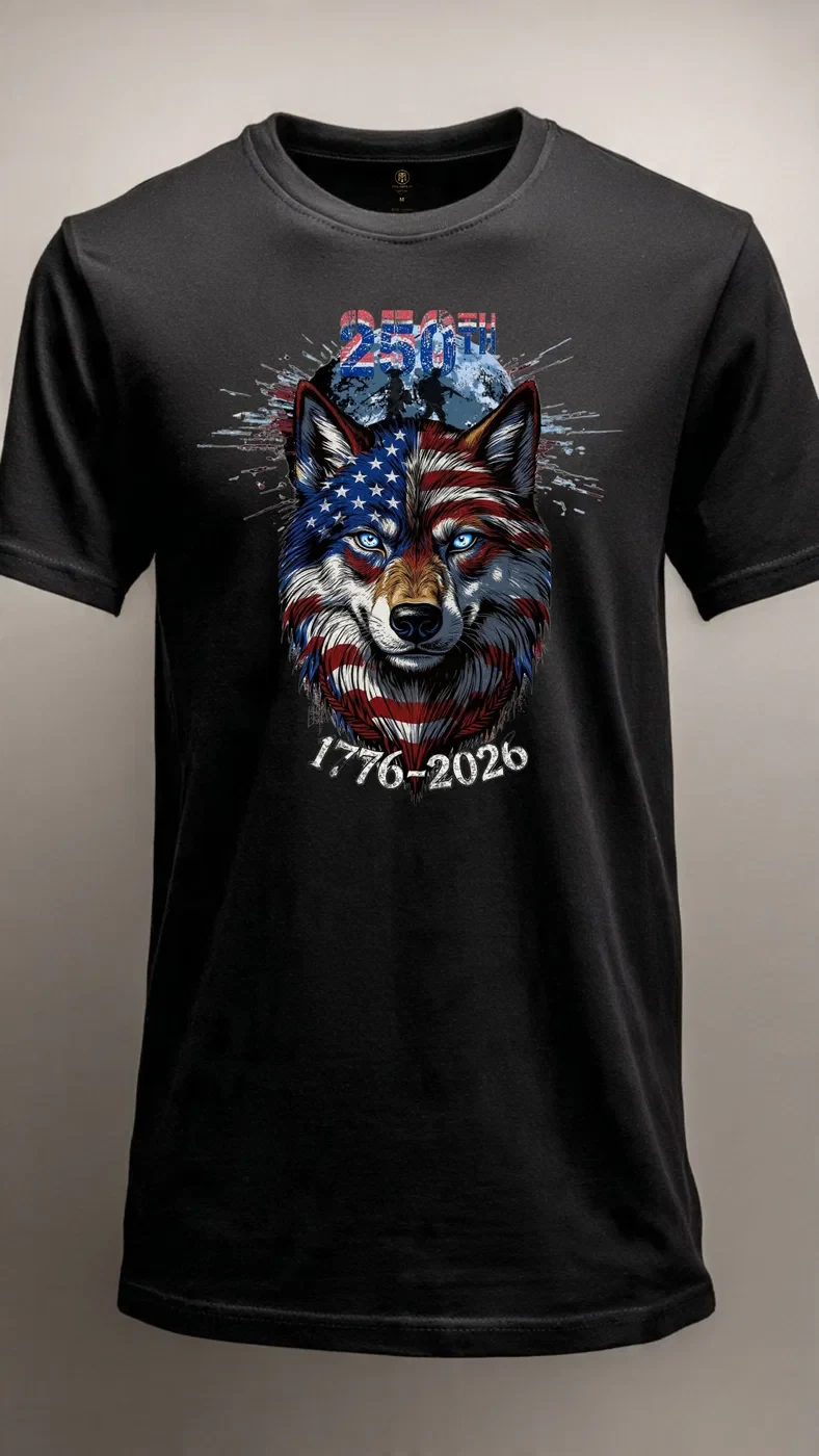 250th Anniversary American Wolf Patriotic T-Shirt product view 2