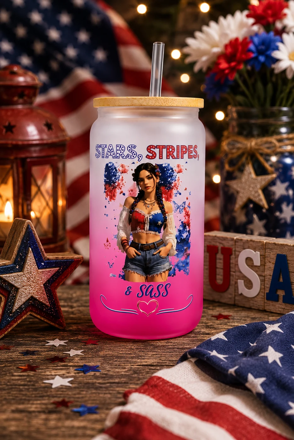 Finished F.T.M. Stars Stripes and Sass frosted glass tumbler